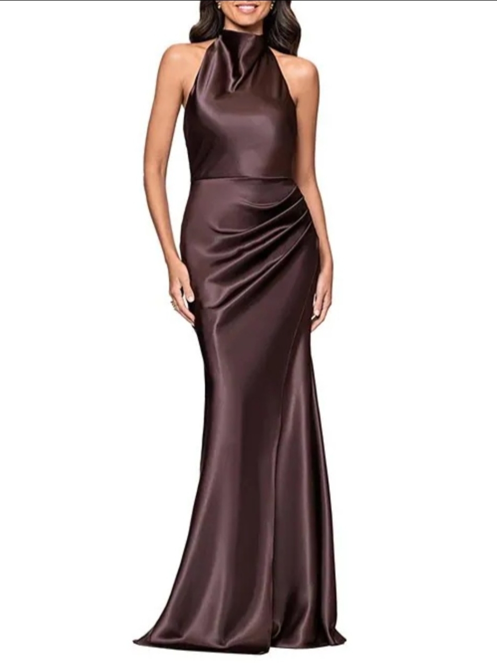 Betsy & Adam Brow Halter Charmeuse Ruched Back Satin Halter Evening Dress Size 2